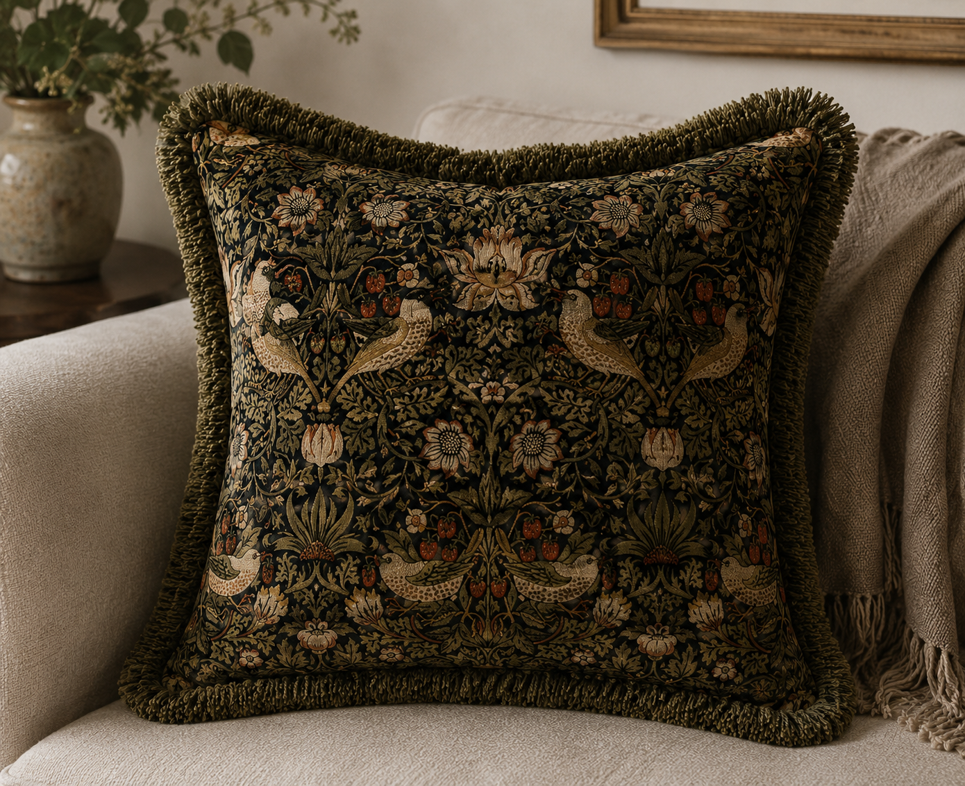 William Morris Strawberry Thief velvet statement cushion with fringe trim on a neutral sofa