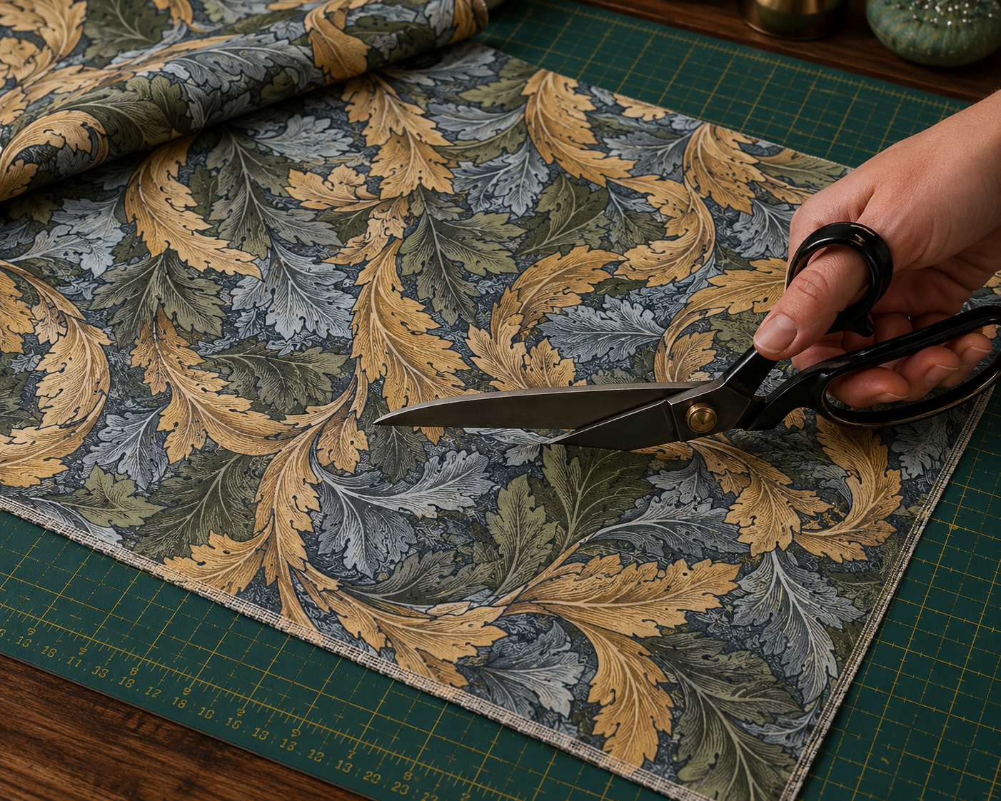 Sharp fabric shears cutting William Morris velvet single layer face up on a cutting mat
