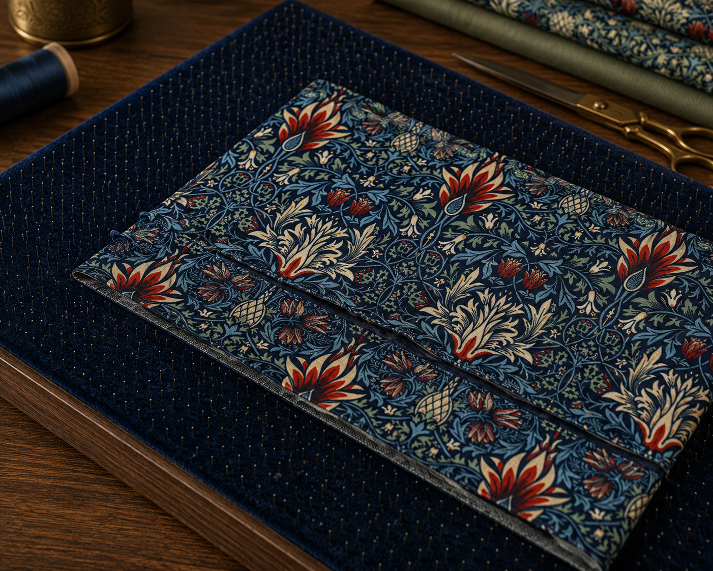 Velvet board with needle surface used to press William Morris velvet seams face-down without crushing pile
