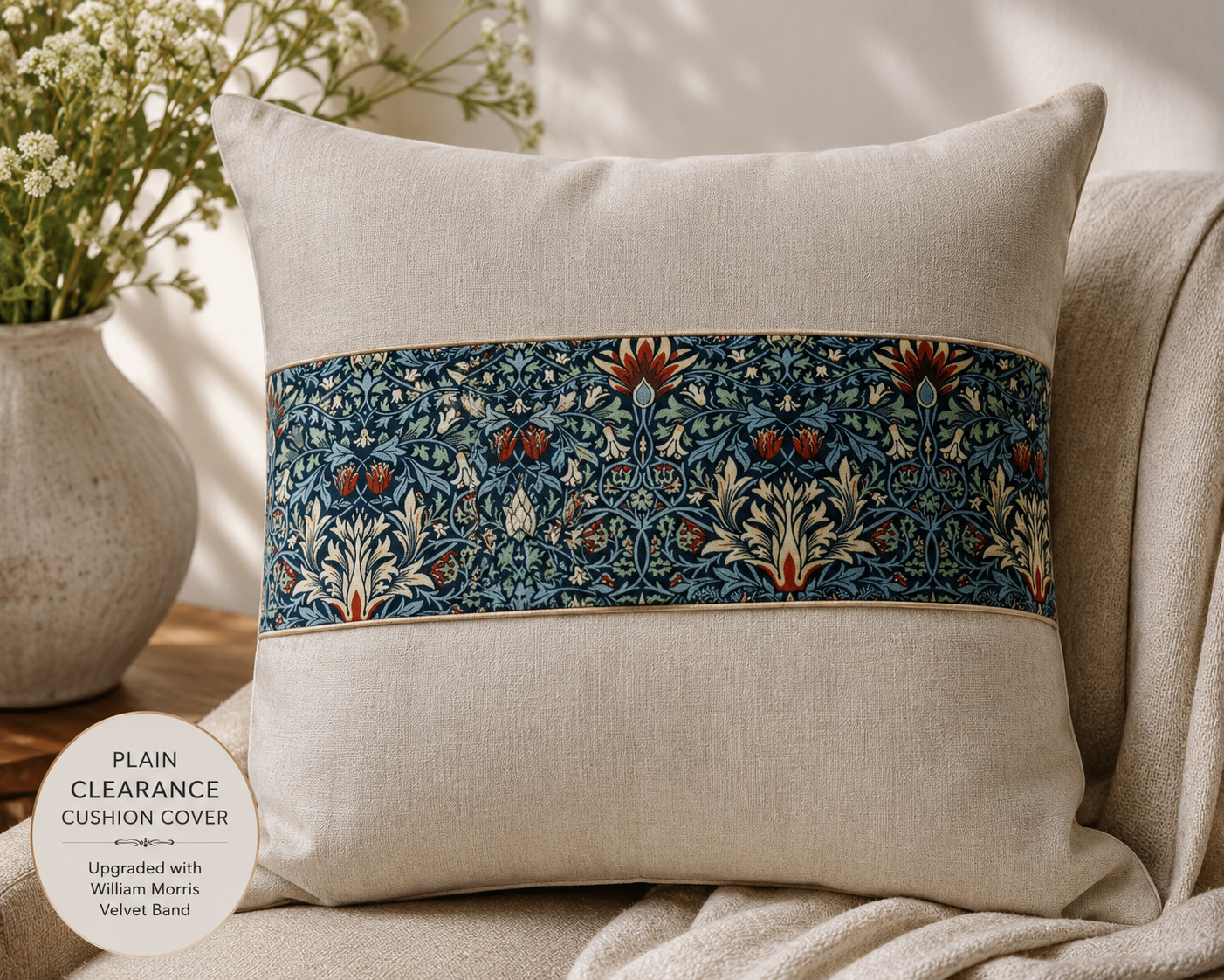 Plain clearance cushion cover transformed with a William Morris velvet accent band