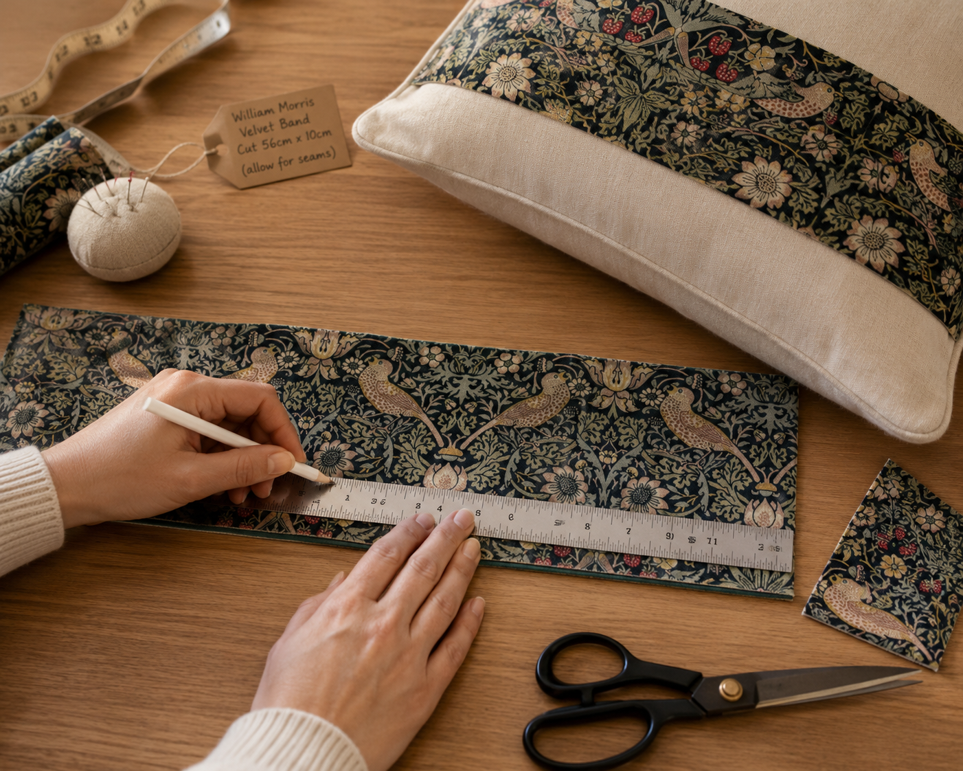 Measuring and cutting a William Morris velvet band for a cushion cover