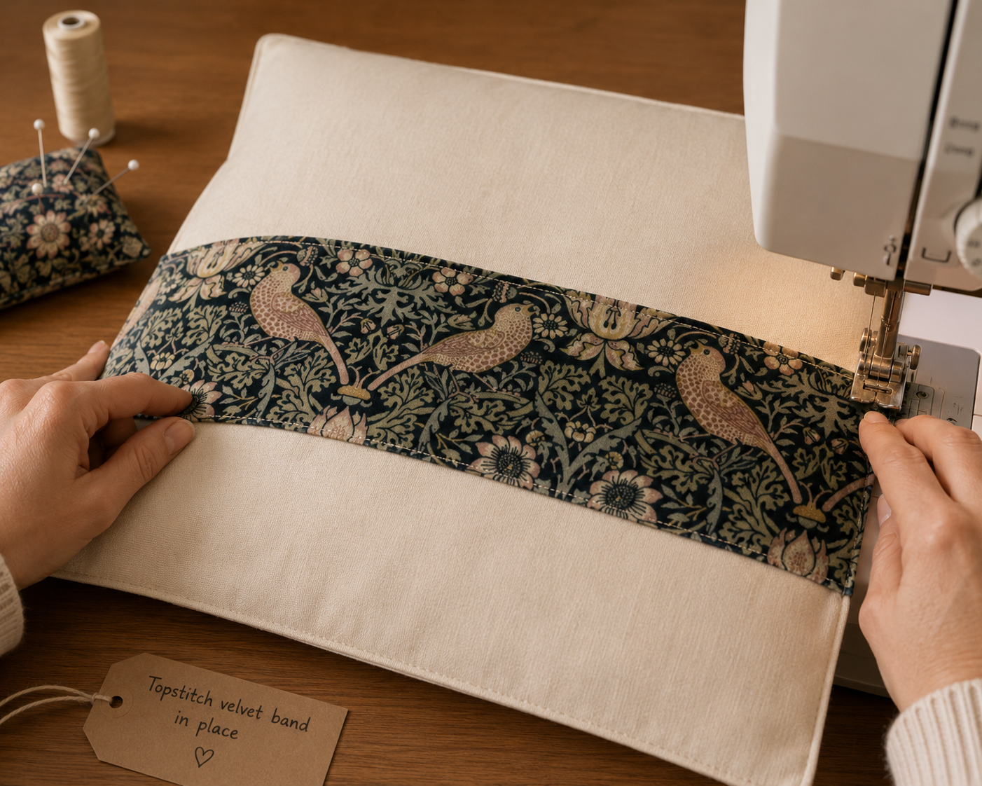 Topstitching a velvet band onto a plain cream cushion cover front