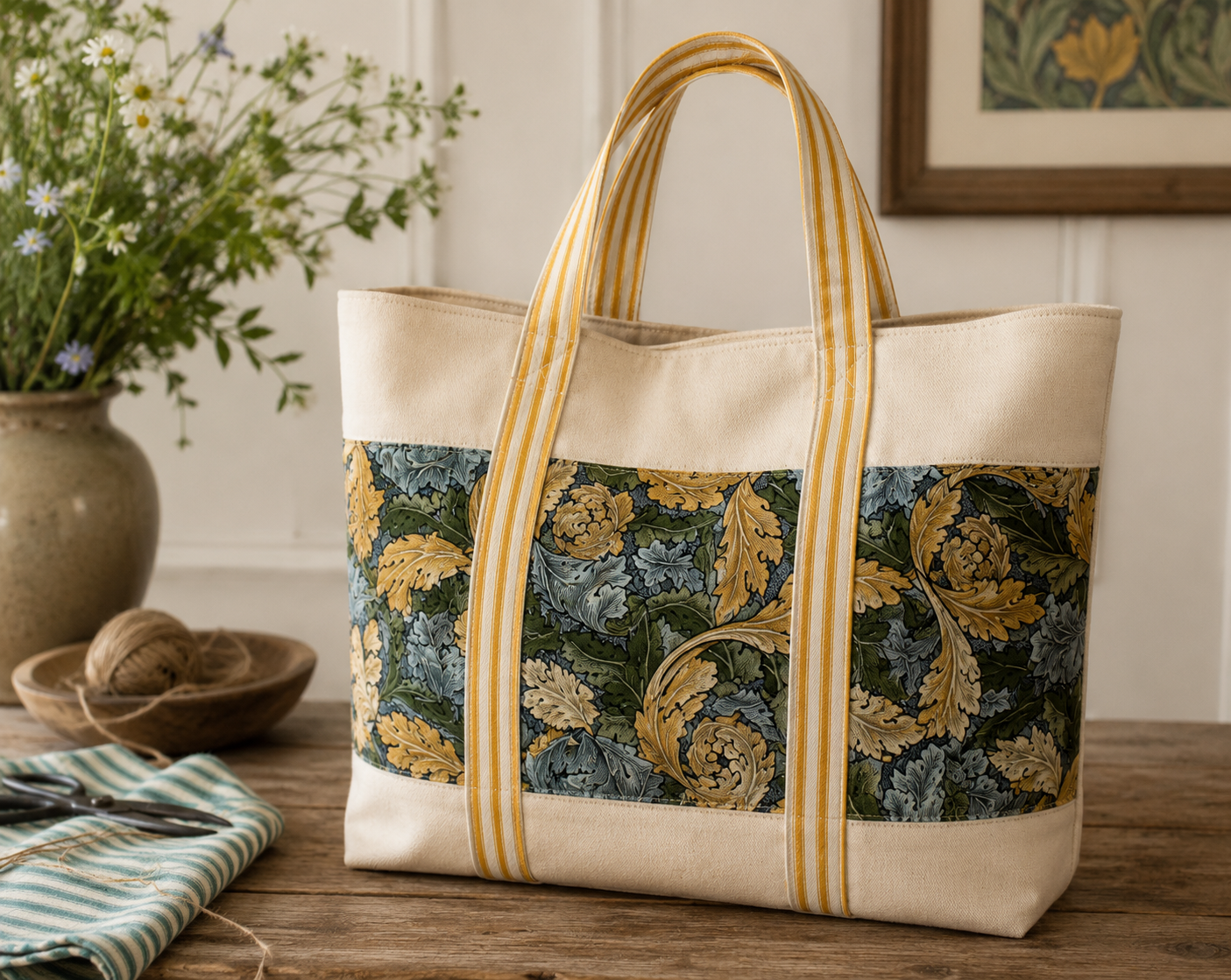 Finished upcycled velvet tote with Acanthus velvet panel and ticking stripe handles