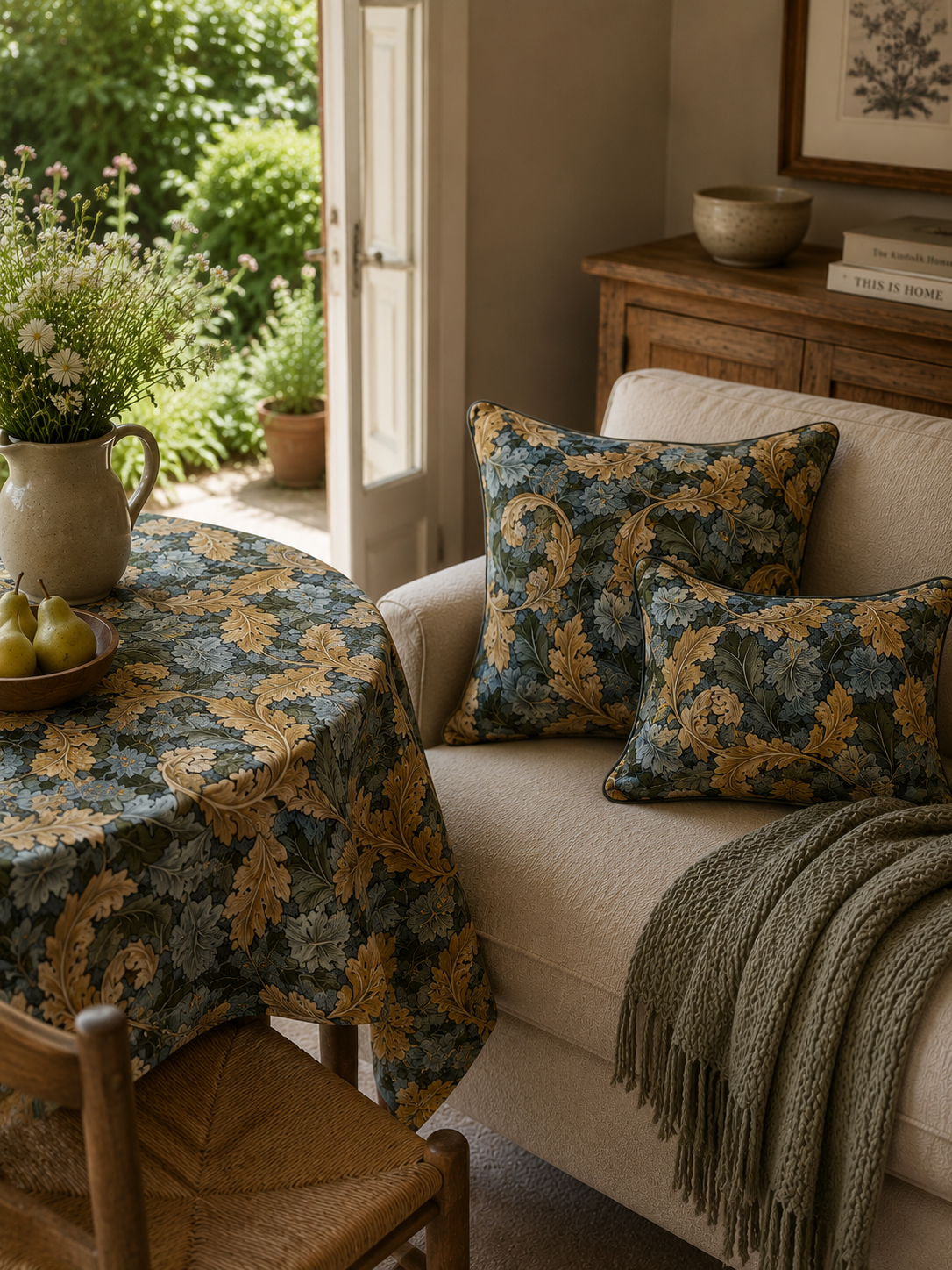 William Morris Acanthus velvet cushions and outdoor fabric tablecloth styled across a garden-to-living-room interior