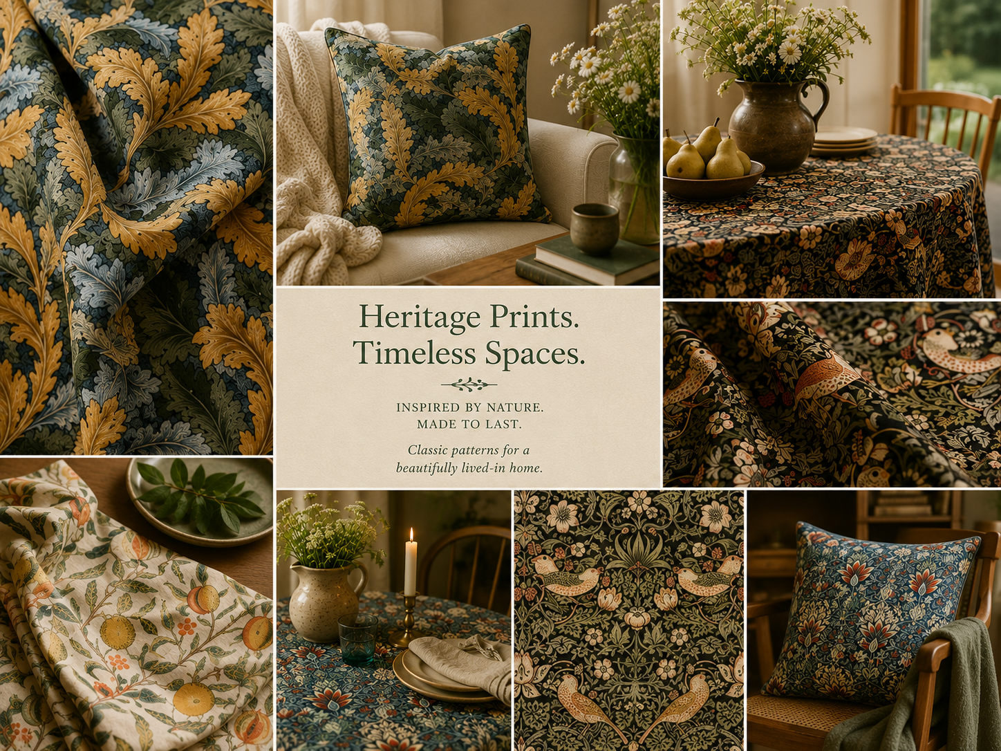 William Morris fabric swatches showing Strawberry Thief, Acanthus, Willow Bough and Honeysuckle prints side by side