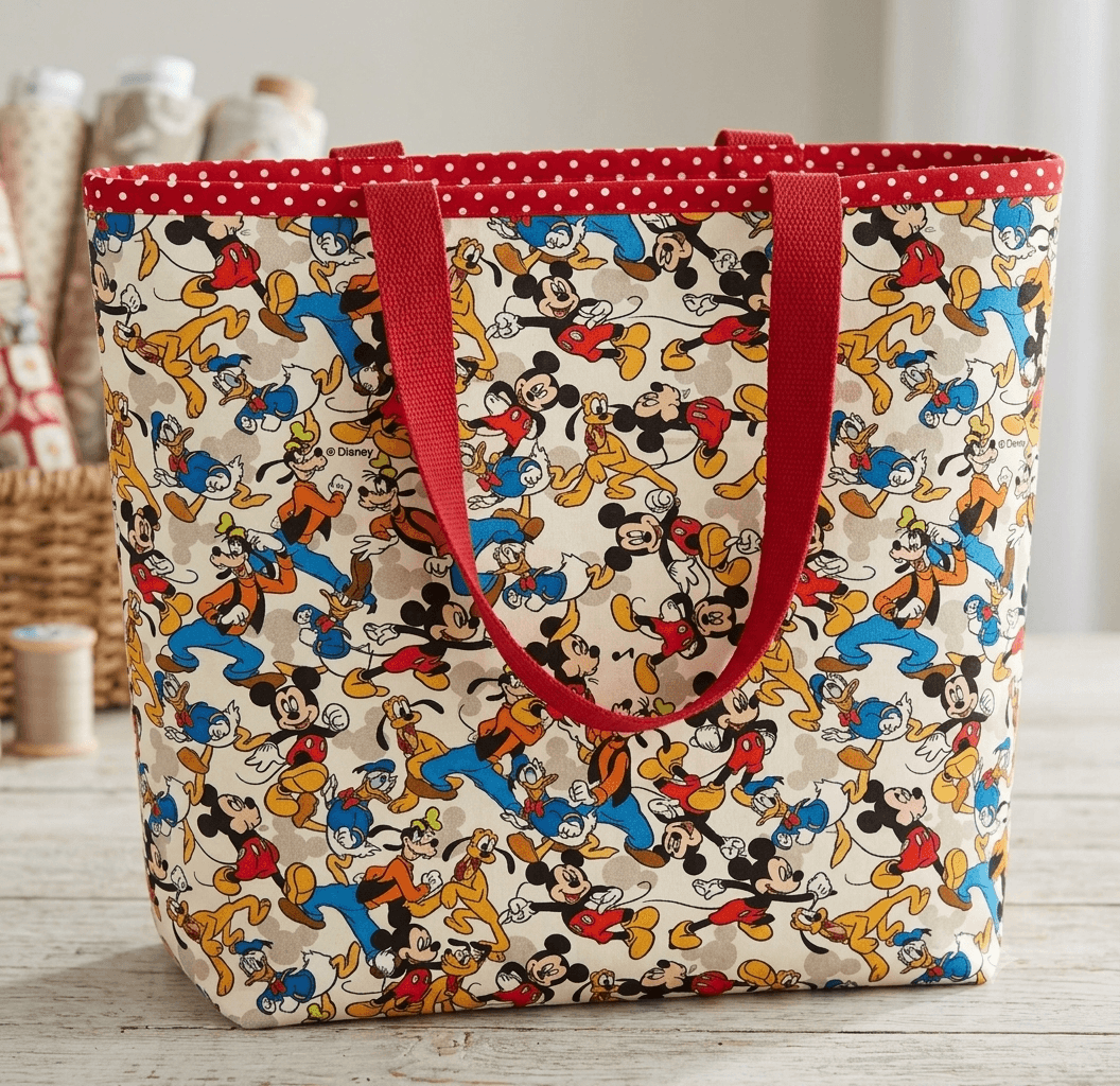 Disney cotton tote bag with polka dot bias binding trim on top edge