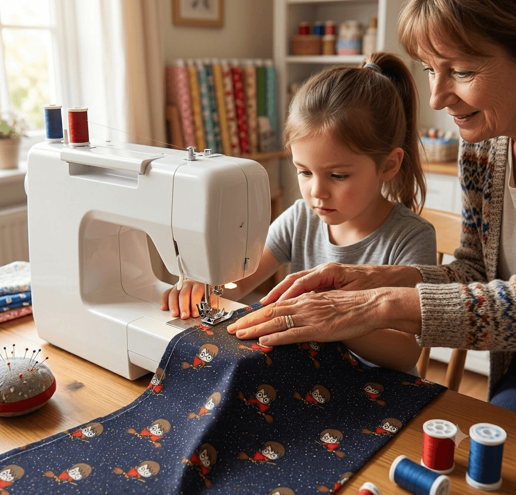Child at a sewing machine with Harry Potter fabric, adult guiding