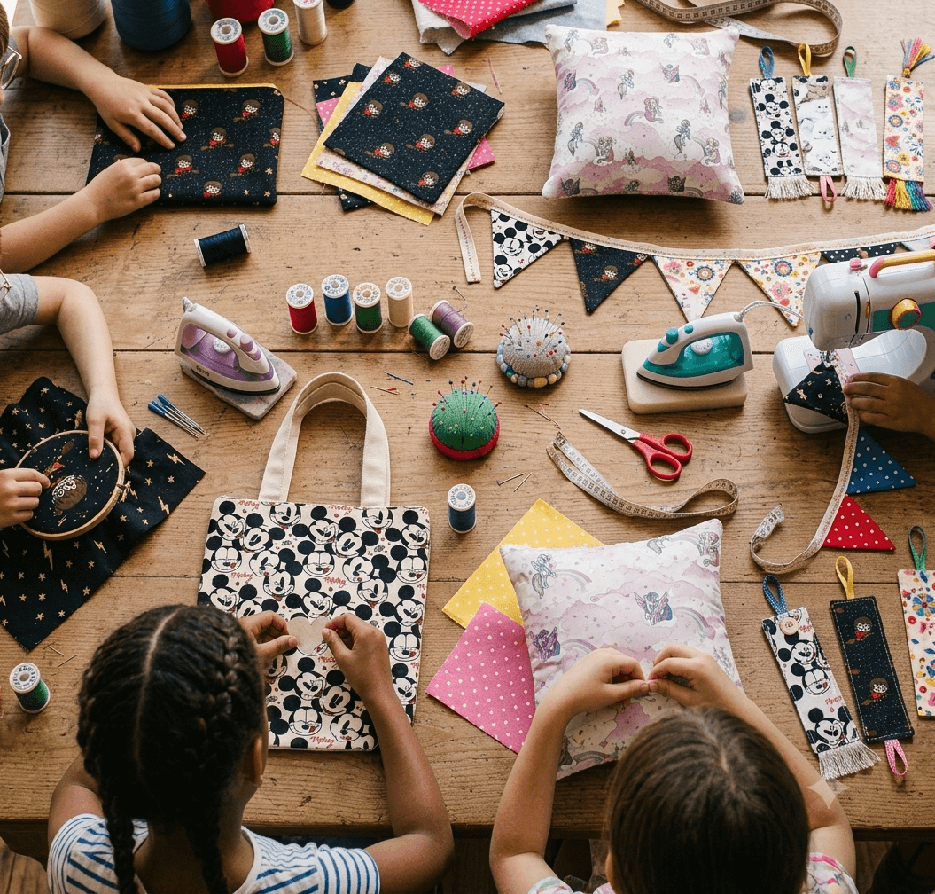 5 kids sewing projects laid out — Harry Potter pencil case, Disney tote, polka dot bunting, MLP cushion, bookmarks