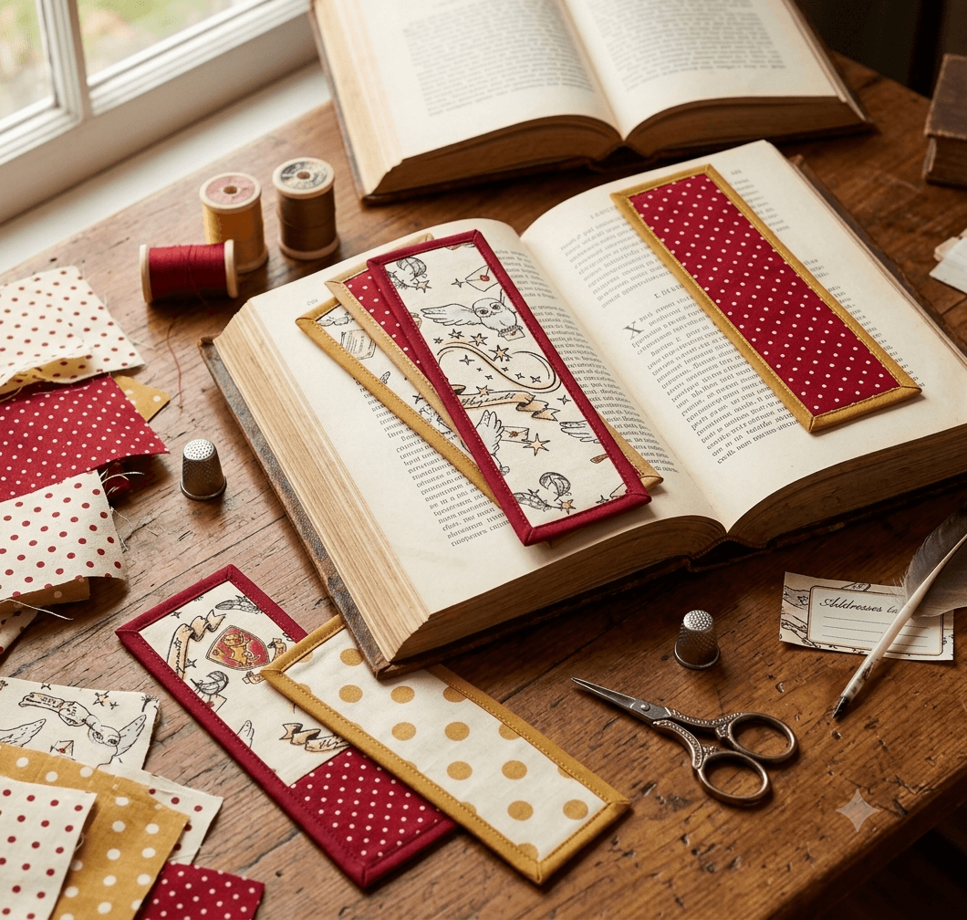 Bias-bound fabric bookmarks in Harry Potter and polka dot scraps inside open books