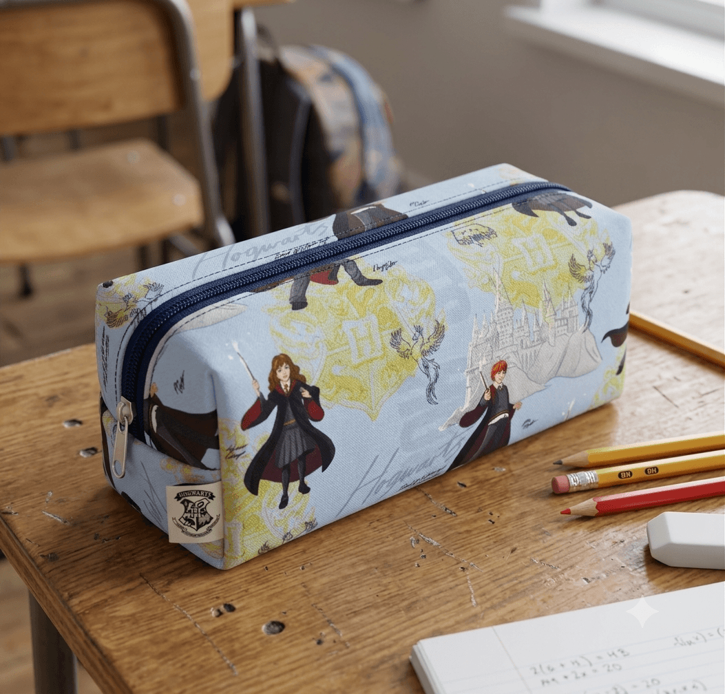 Harry Potter fabric zip pencil case on a school desk