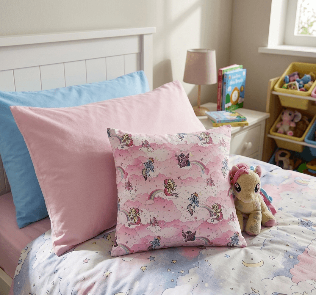 My Little Pony fabric mini envelope cushion on a child's bed