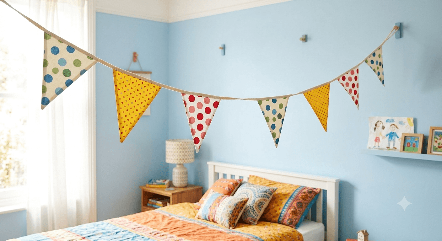 Polka dot cotton bunting strung across a bright bedroom wall in mixed dot sizes