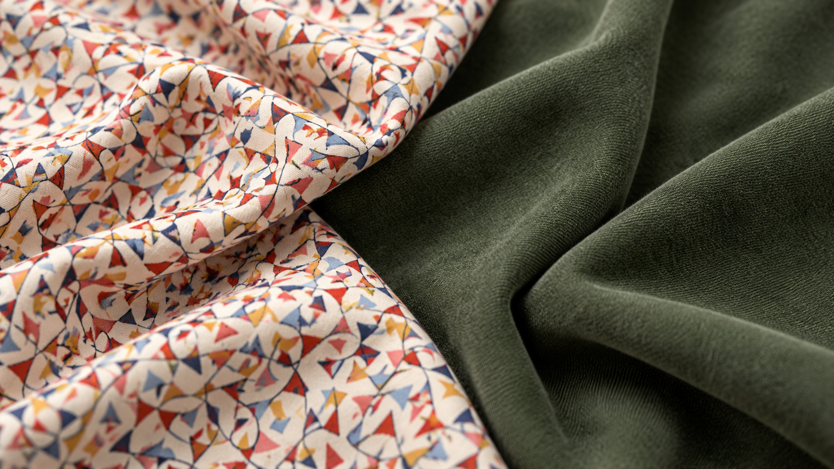 Close-up texture detail of Liberty Lasenby cotton next to faux suede fabric