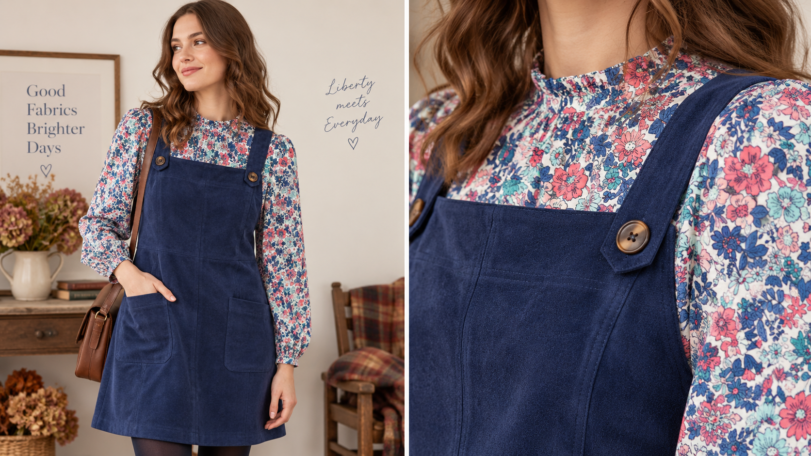 Faux suede pinafore dress worn over a Liberty print blouse
