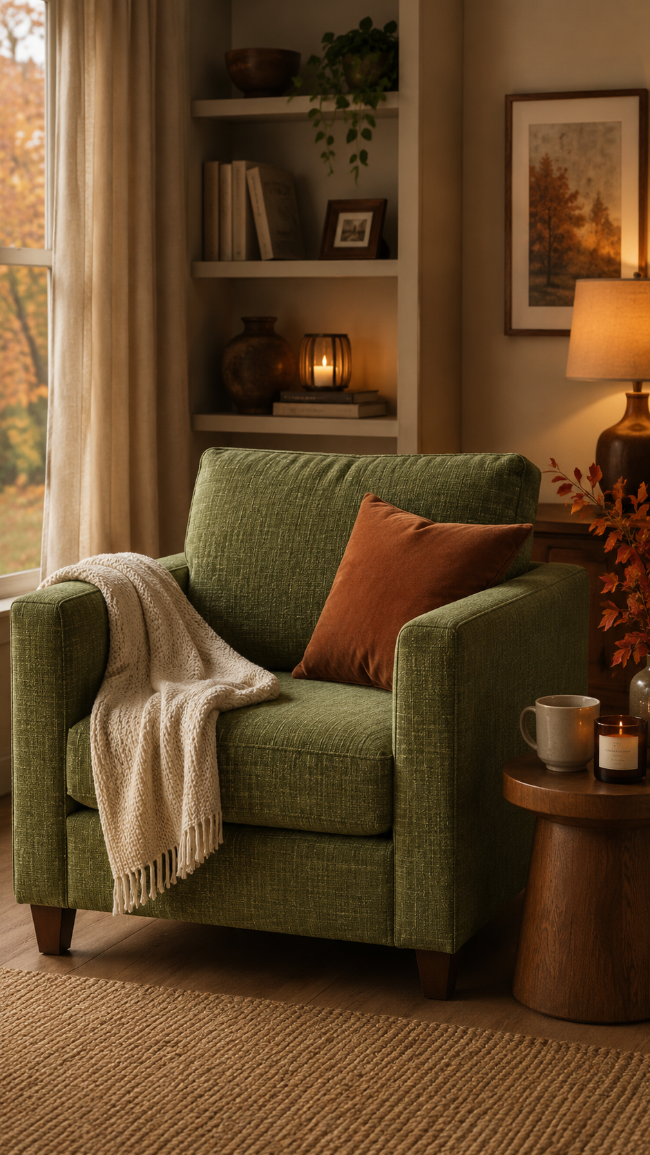 Autumn living room with newly upholstered armchair in Wexford Ivy and warm ambient lighting