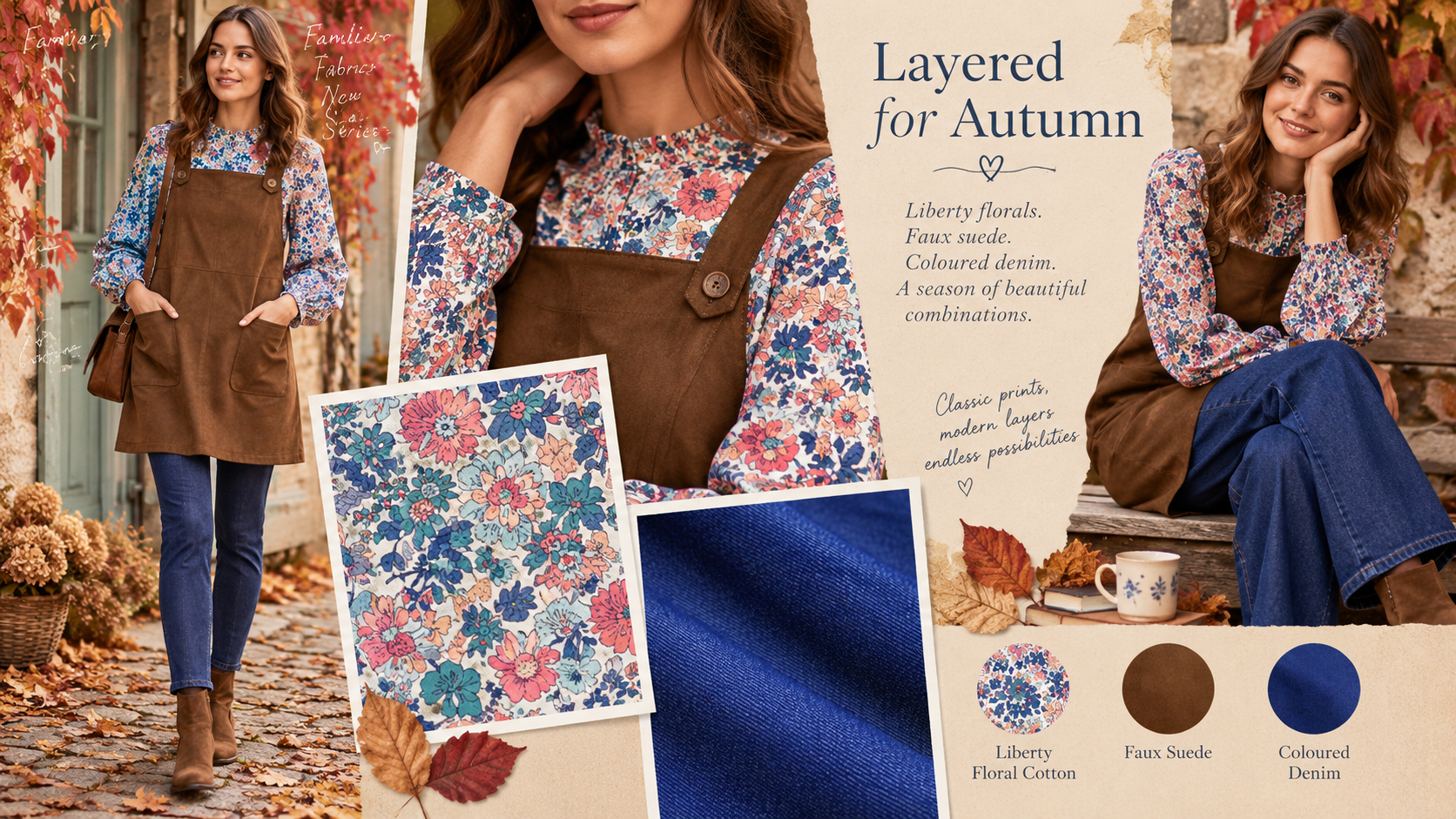 Layered autumn outfit mixing Liberty floral cotton, faux suede pinafore and coloured denim