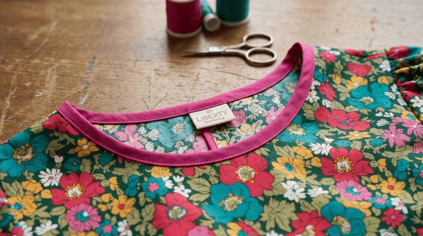 Double-fold cotton bias binding encasing a curved dress neckline edge