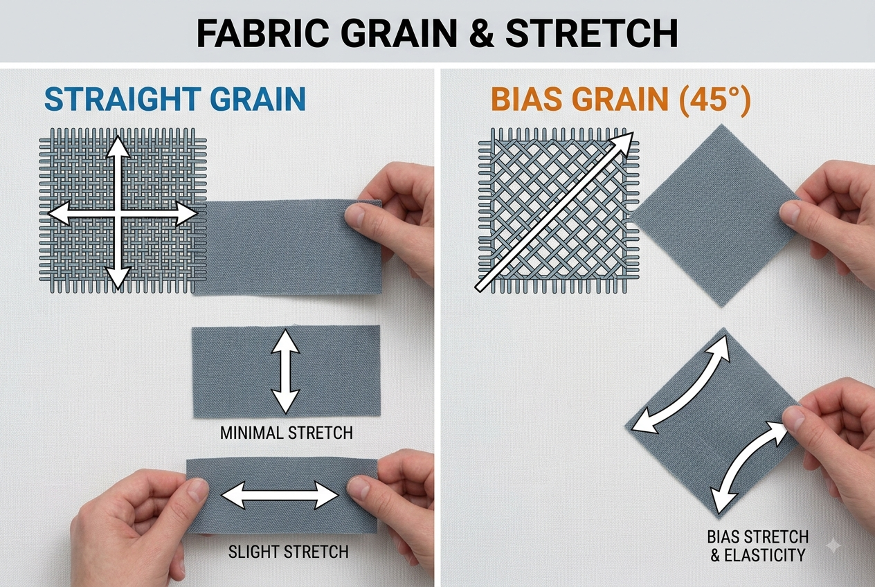 Diagram showing fabric cut on straight grain vs bias grain at 45 degrees with stretch arrows