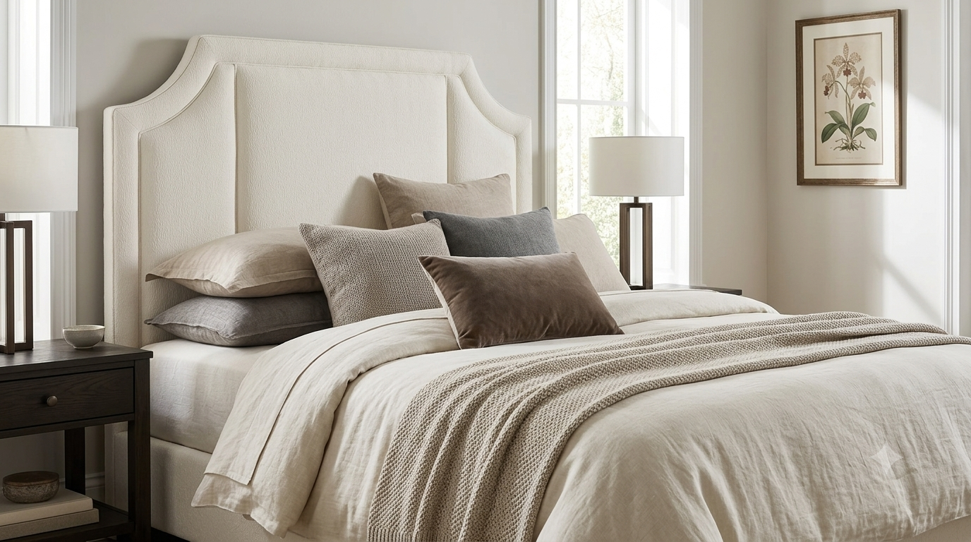 Bedroom with Wexford Orchid headboard and layered neutral bedding