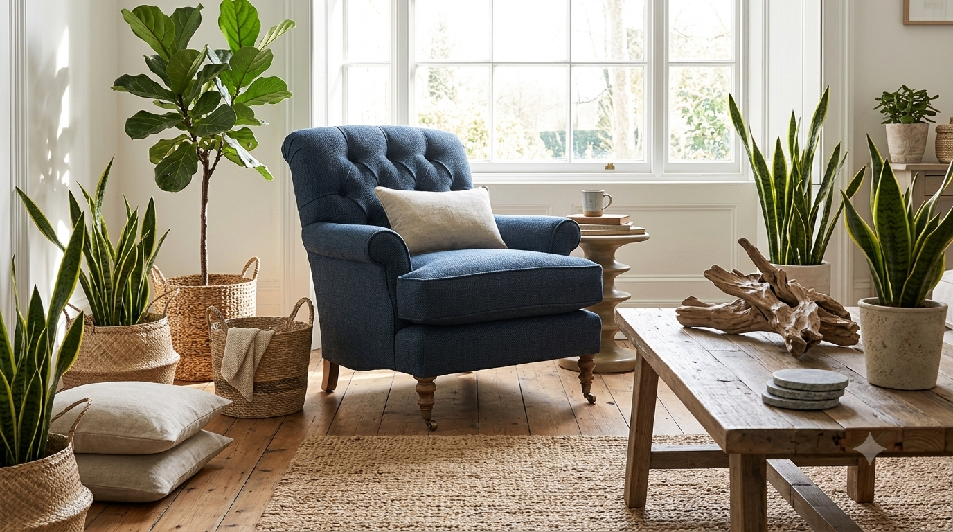 Living room with Wexford Ink armchair and natural accessories