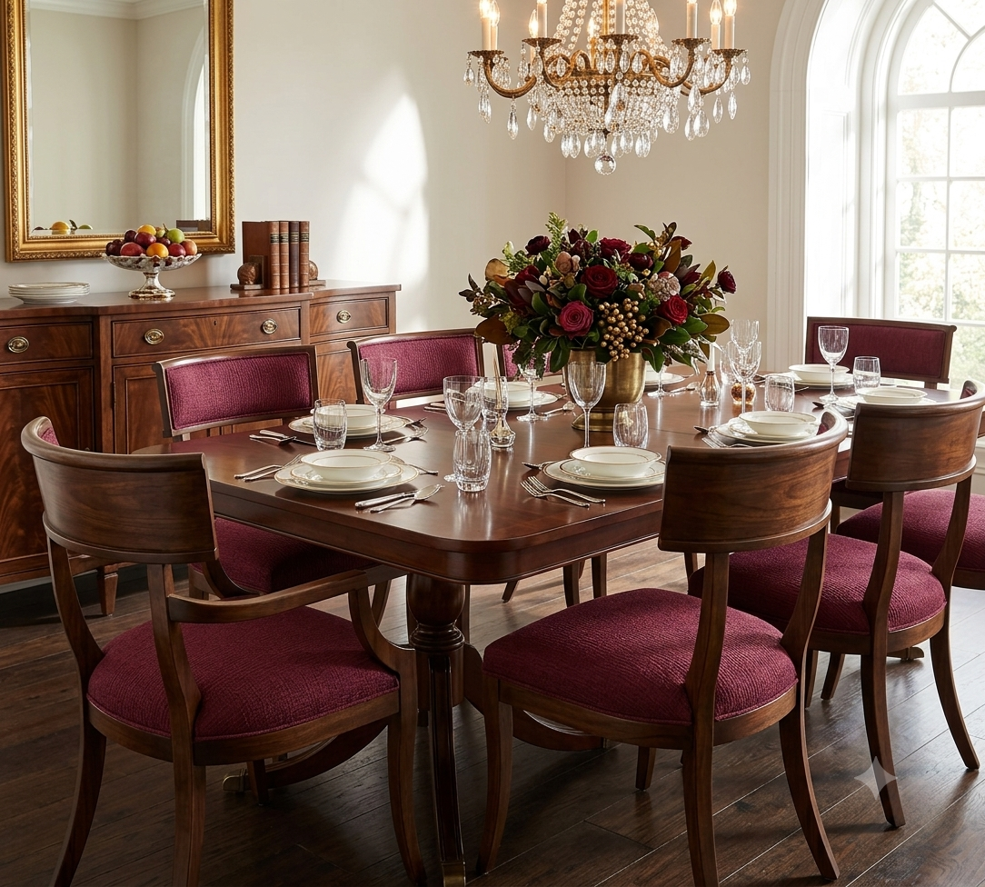 Dining room with set of chairs upholstered in Wexford Rose linen blend