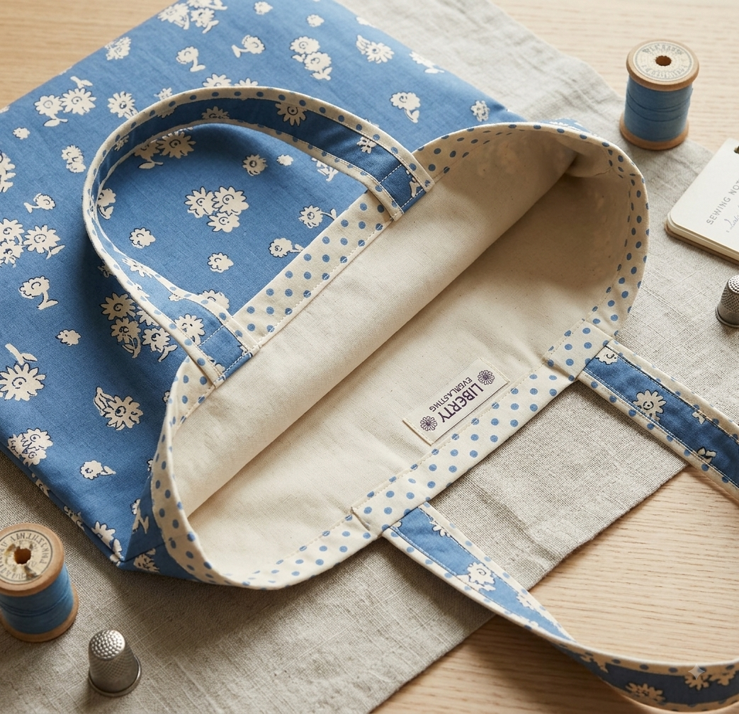 Liberty Everlasting fabric bag with coordinating polka dot bias binding on interior seams and top edge