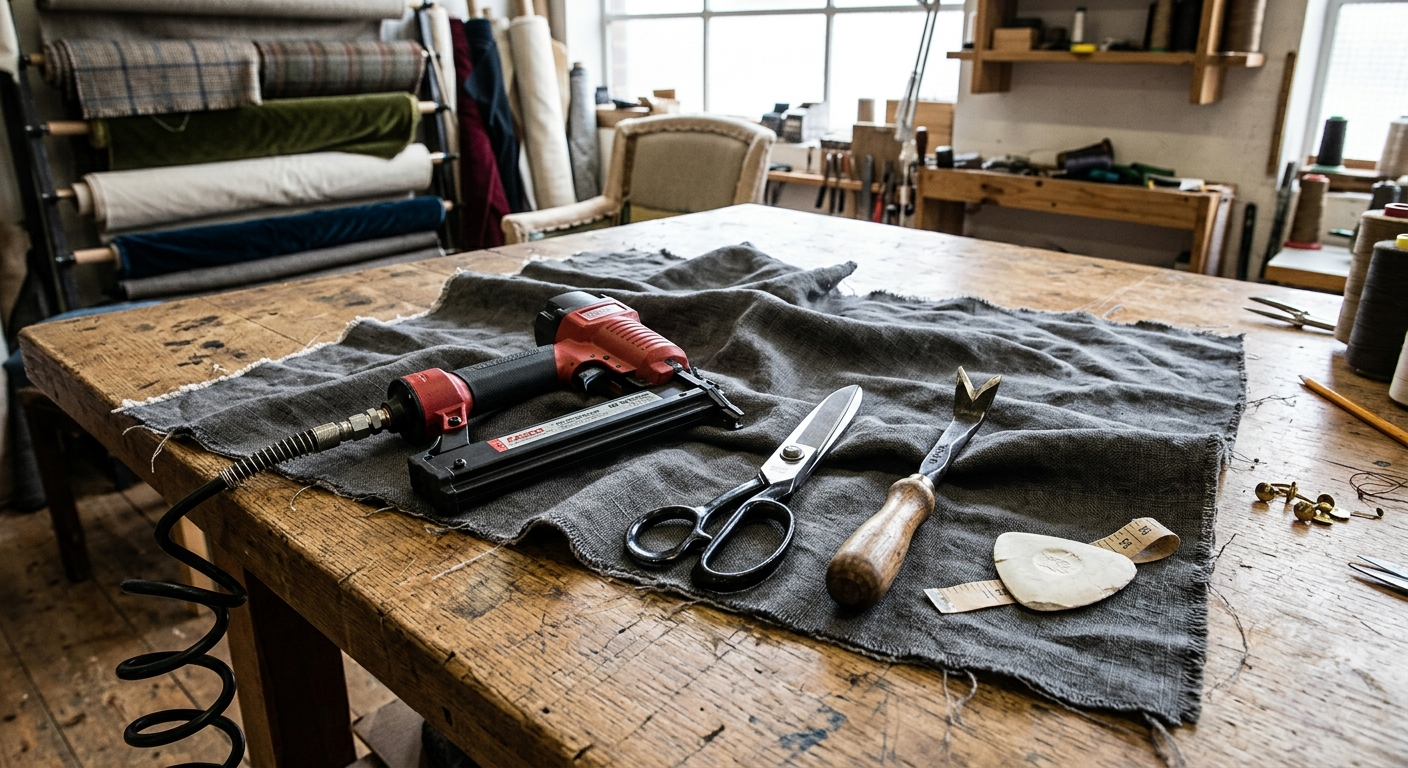 Upholstery tools laid out — staple gun, shears, tack lifter and fabric chalk on a workbench