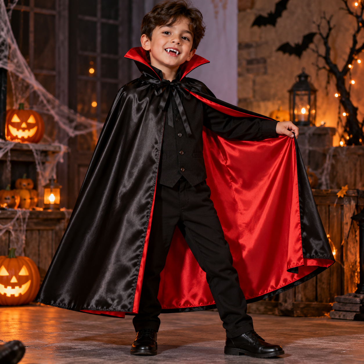 Child in a black satin vampire cloak with red lining and stand-up collar