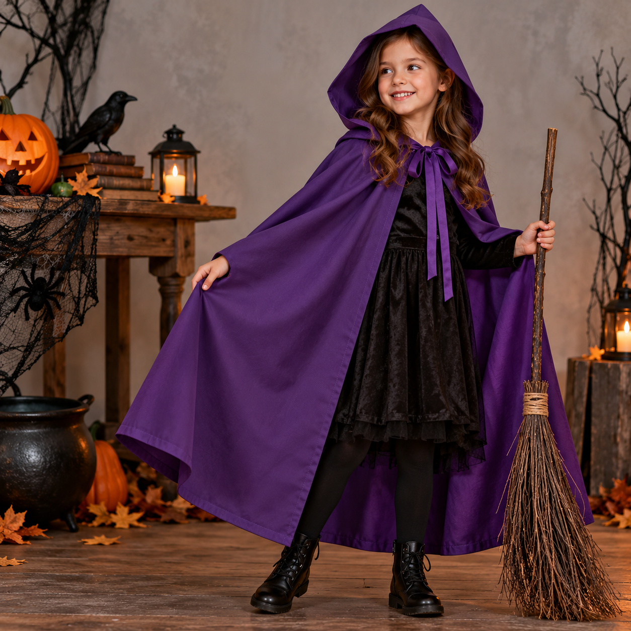 Hooded witch cape sewn in purple polycotton