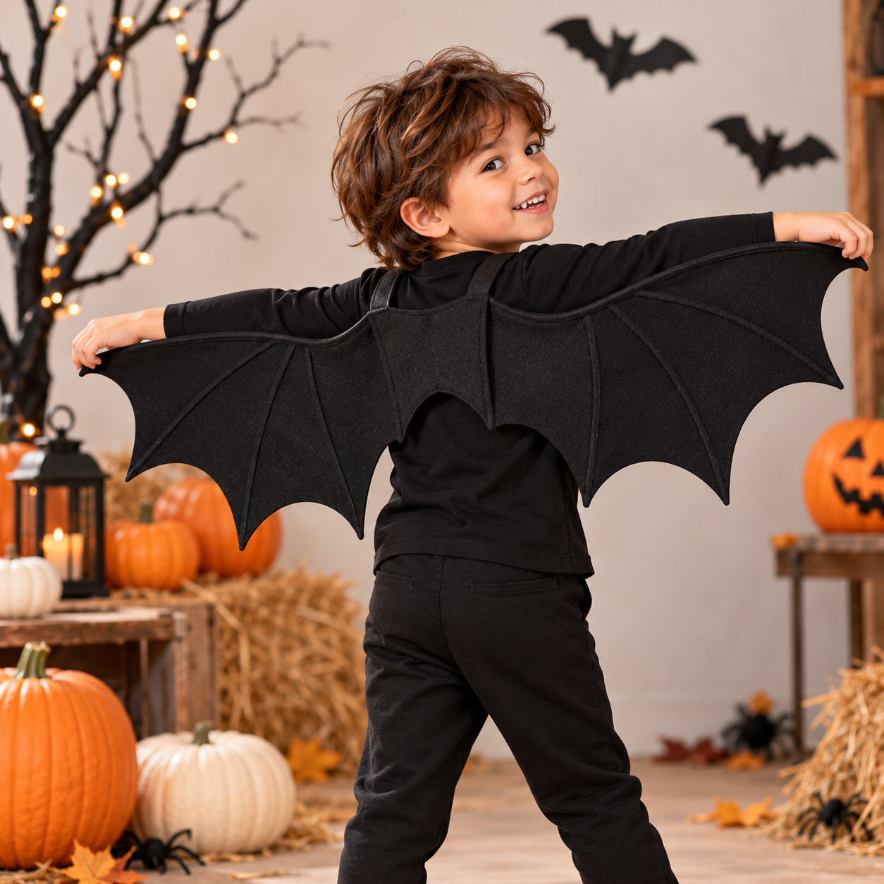 Child wearing black felt bat wings with scalloped edges