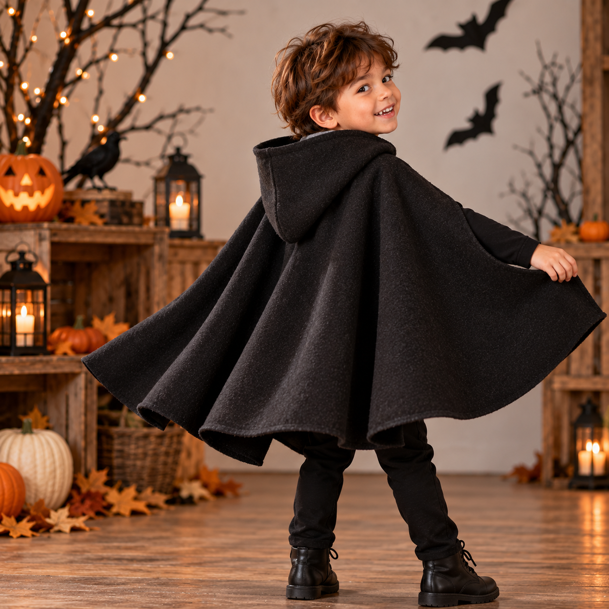 Heavy boiled wool cape with clean raw edges