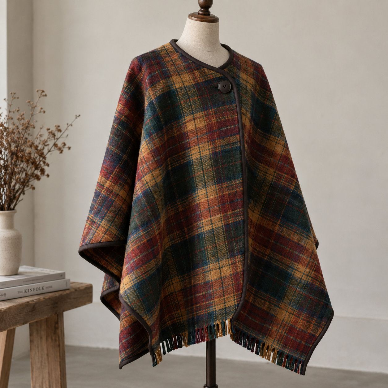Wool-look tartan fabric draped as an autumn cape