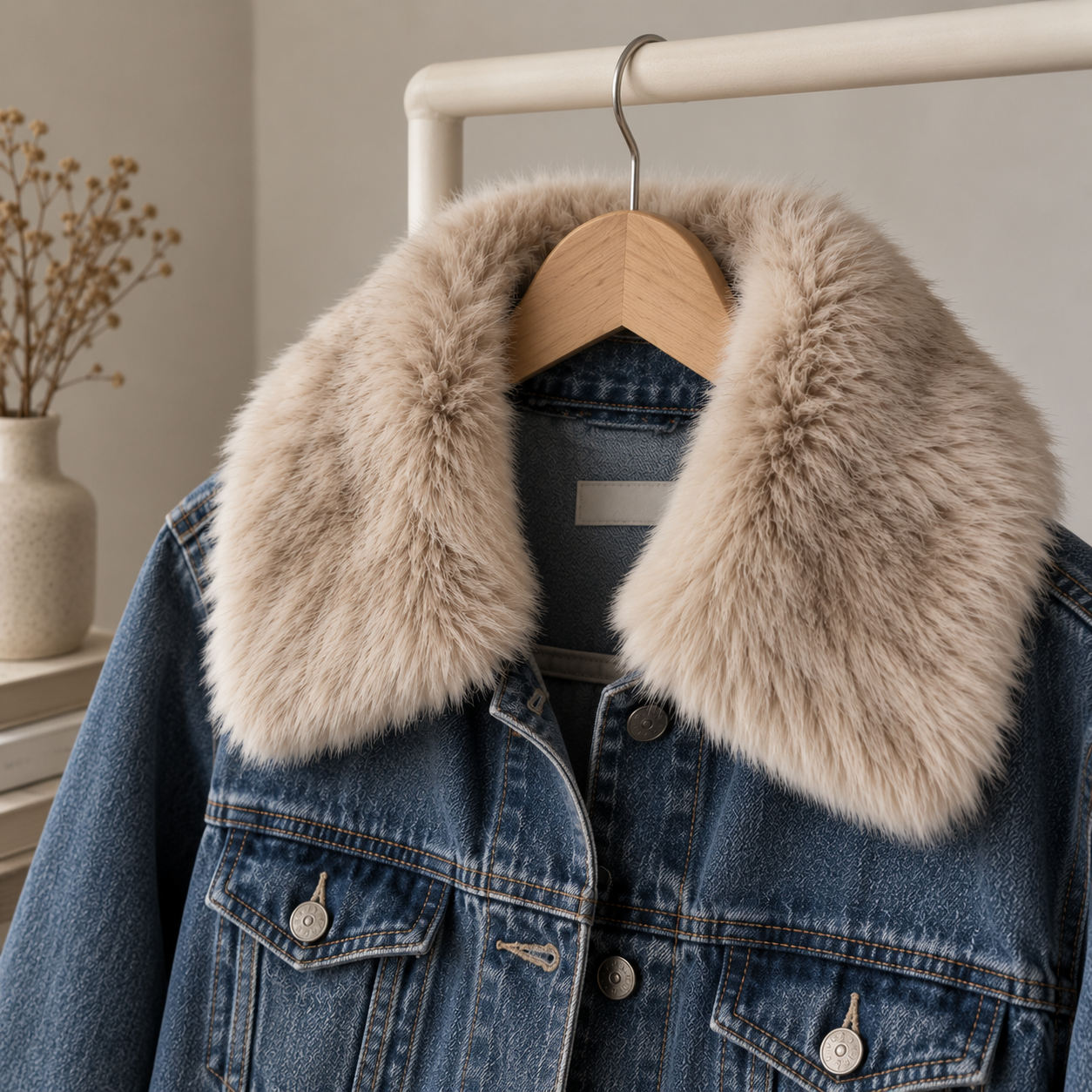 Plush faux fur detachable collar on a denim jacket