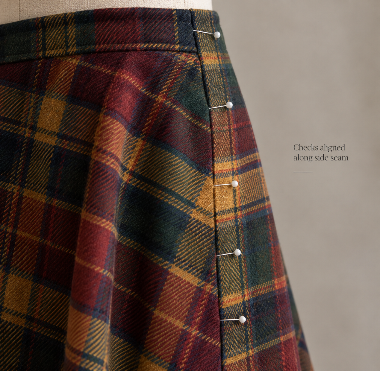 Tartan fabric pinned along a side seam with checks aligned