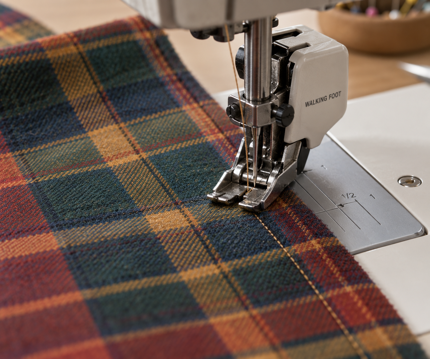 Walking foot stitching a straight seam through checked fabric