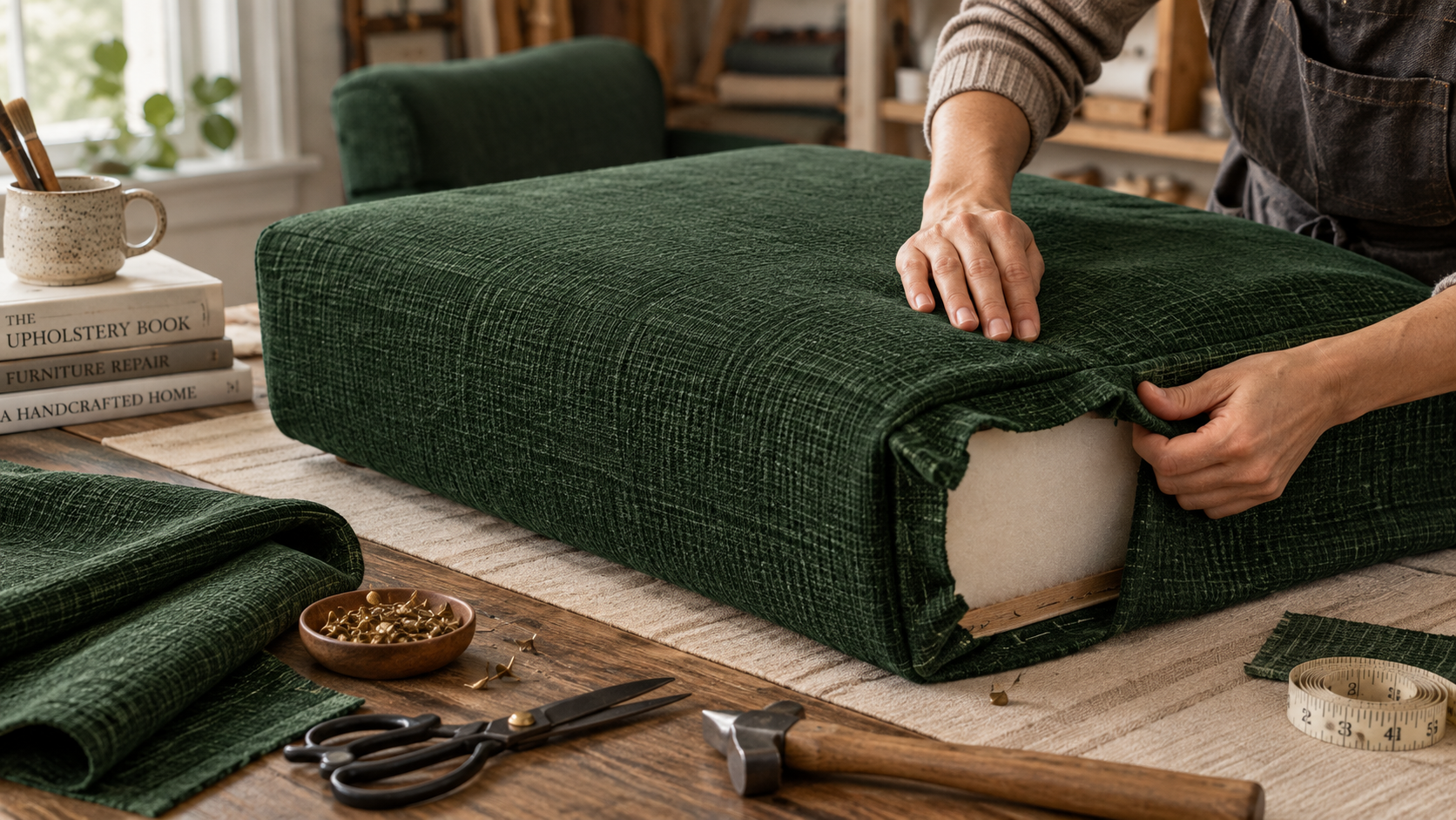 Boxed seat cushion being recovered in Wexford Linen Blend