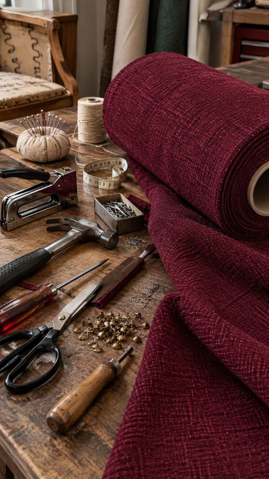 Upholstery tools laid out beside a roll of Wexford Linen Blend
