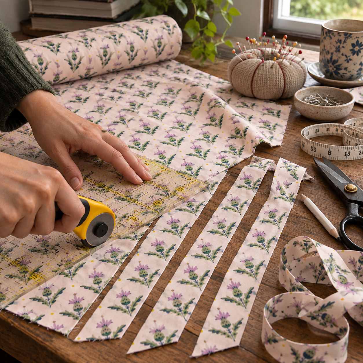 Cutting Liberty cotton into 4cm bias strips