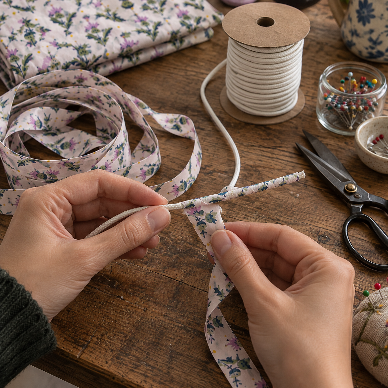 Wrapping a Liberty bias strip around 4mm piping cord