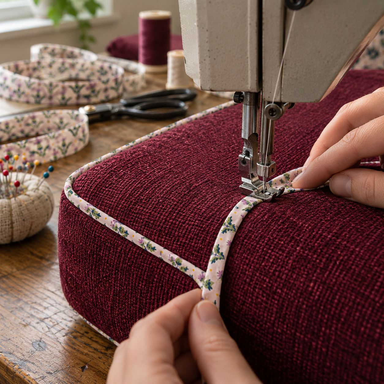 Liberty piping stitched onto a Wexford cushion panel