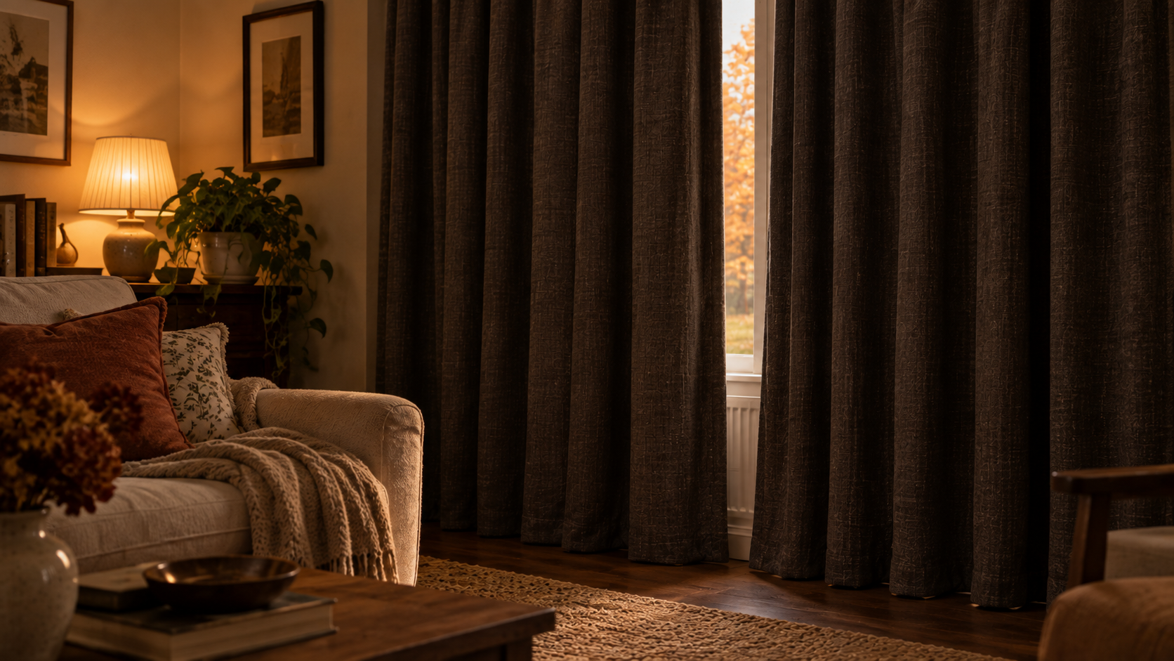 Heavy lined curtains drawn across a window in a warm autumn room