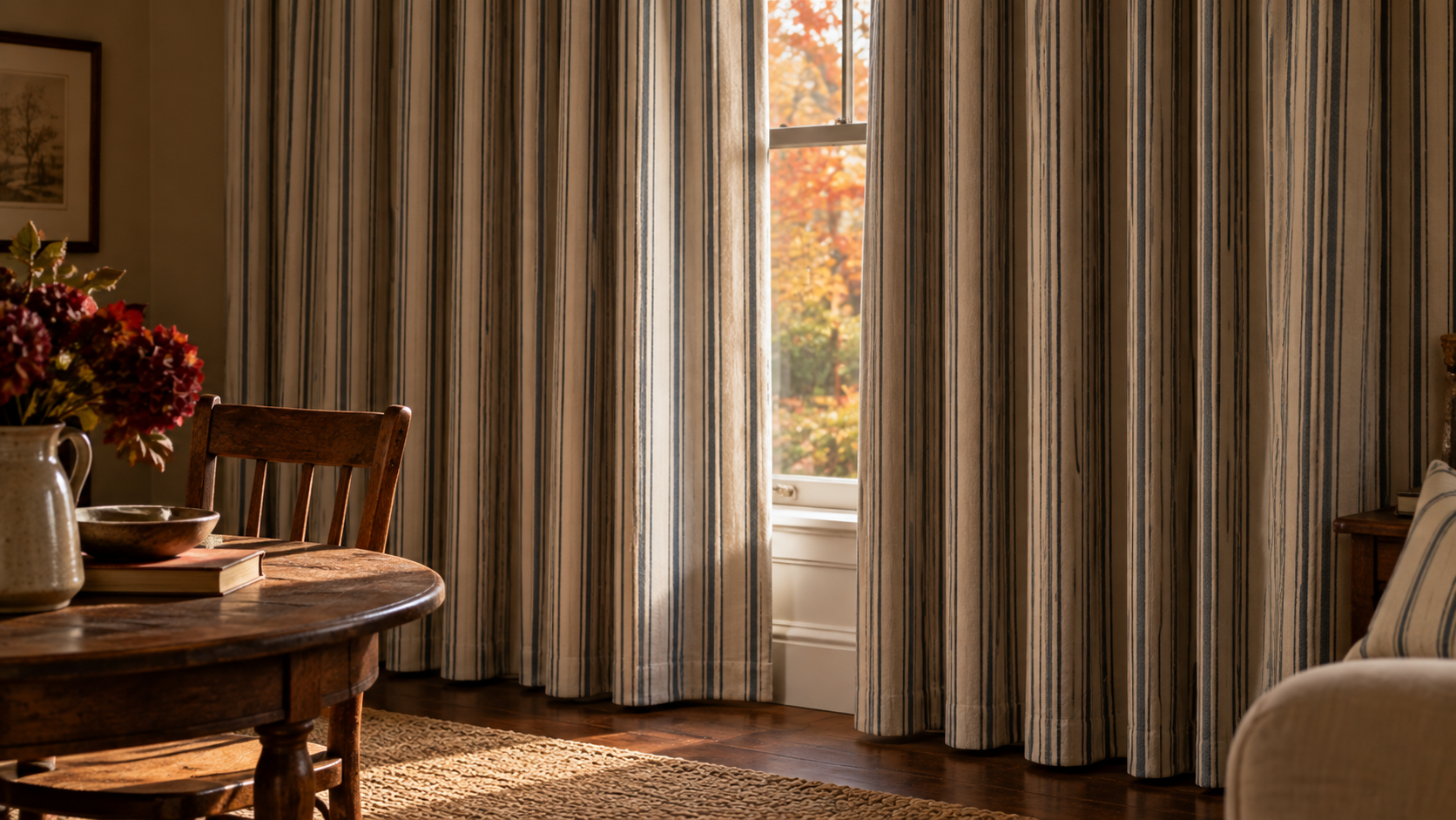 Canvas ticking stripe fabric made up as a heavy lined curtain