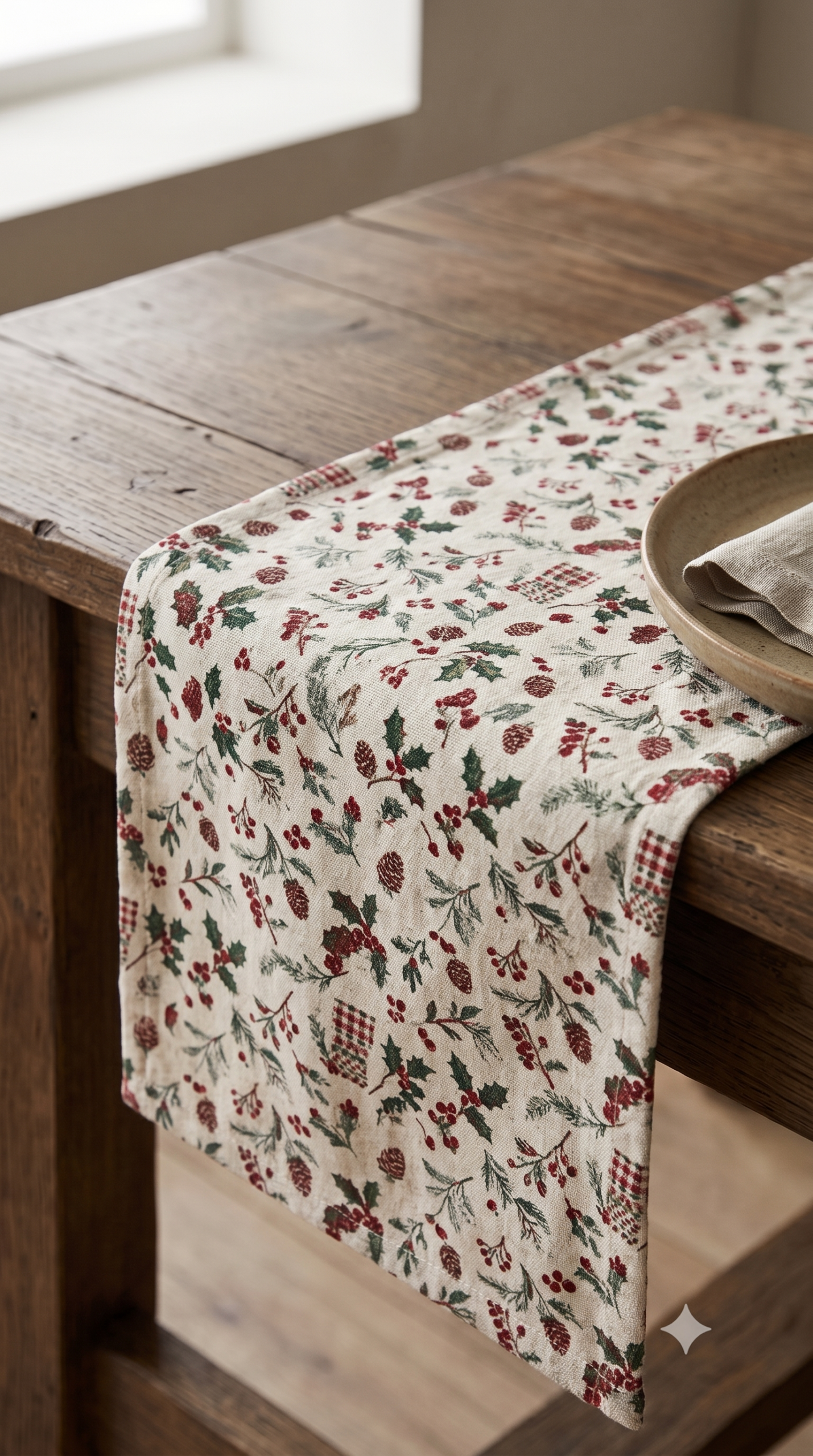 The same table runner flipped to its festive Christmas cotton side