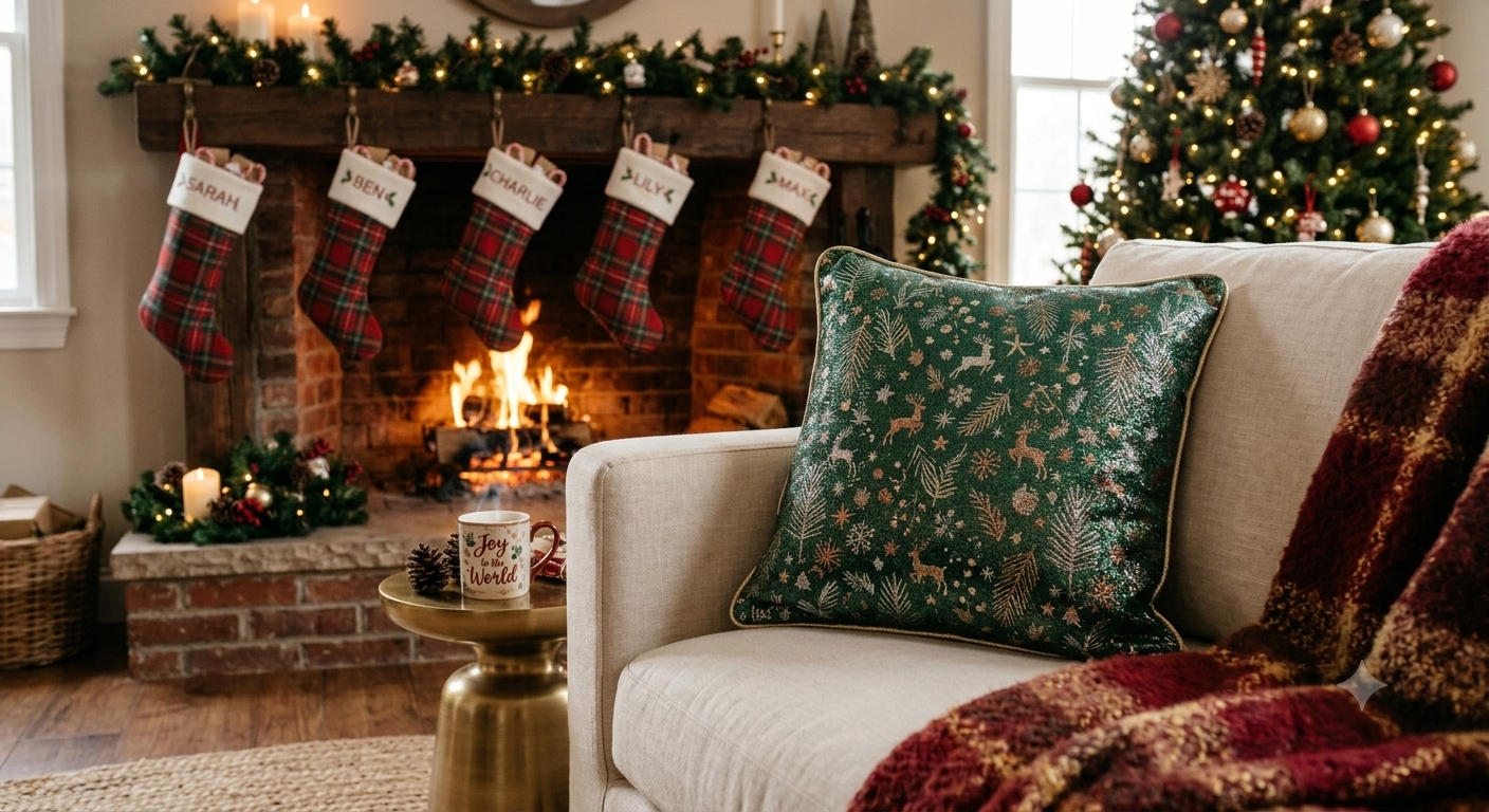 Metallic Lurex Christmas cushion on a sofa