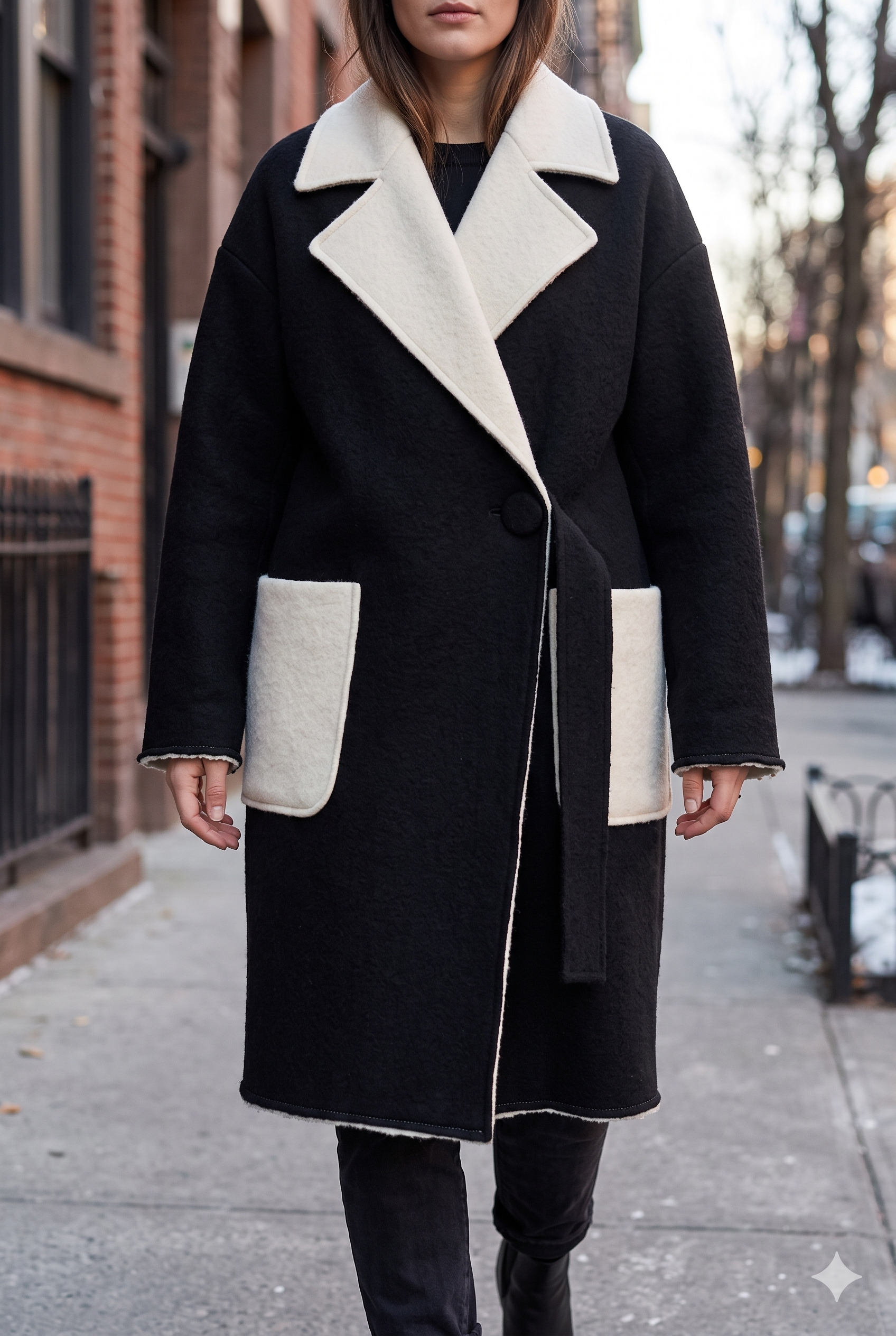 Boiled wool winter coat with clean raw-edge hem and cuffs