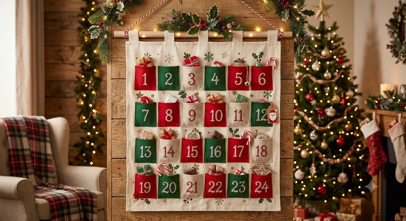 Fabric advent calendar with numbered felt pockets hanging on a wall