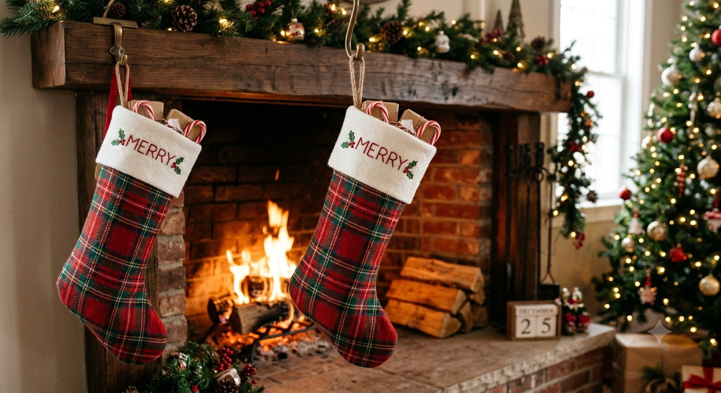Handmade lined Christmas stocking with a white felt cuff