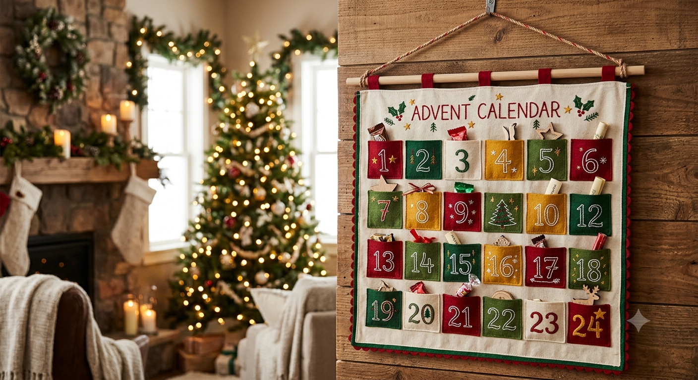 Reusable fabric advent calendar with 24 felt pockets