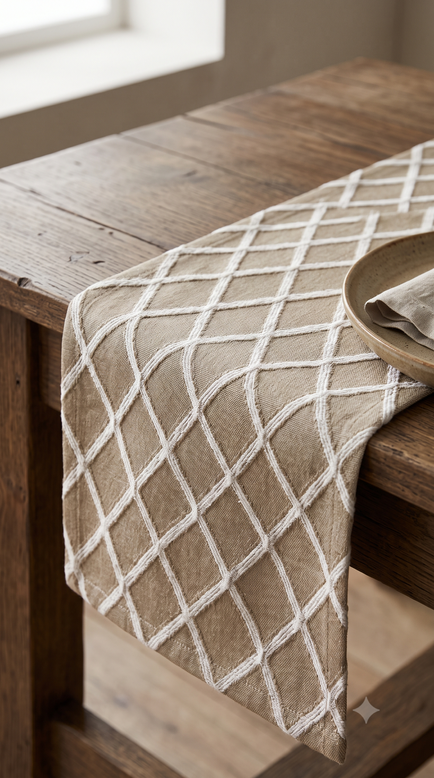 Table runner showing its autumn Jacquard side on a dining table