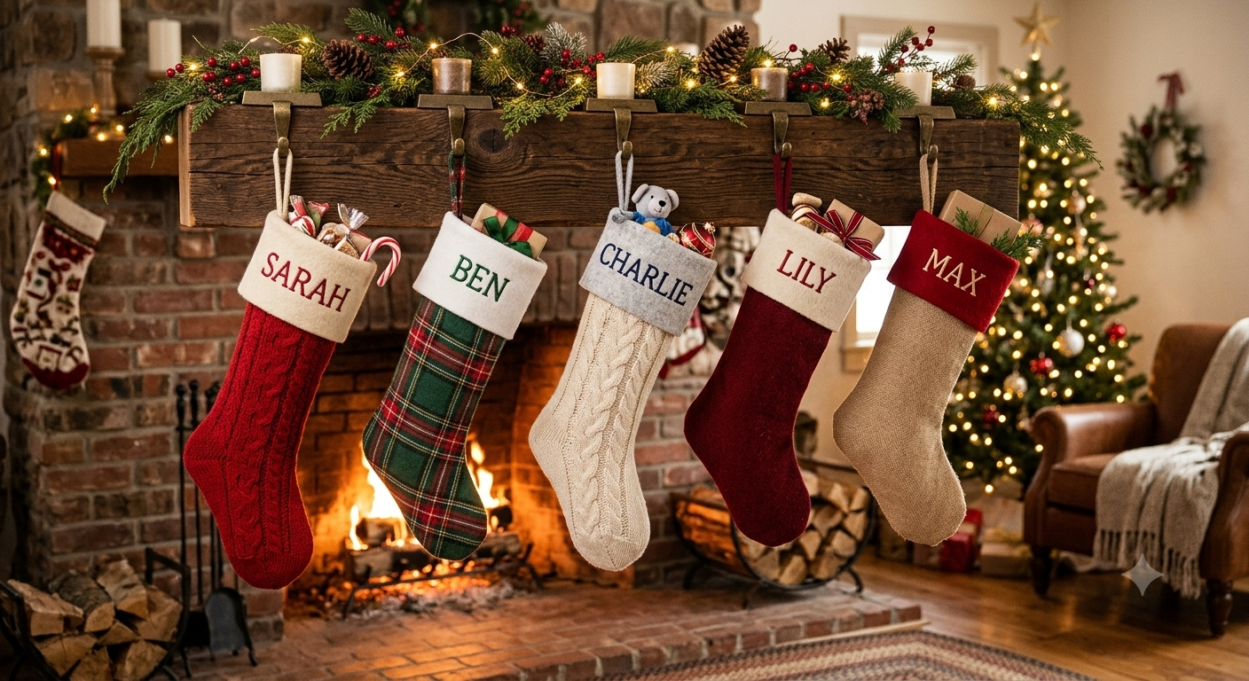 Row of handmade Christmas stockings with felt cuffs hanging from a mantelpiece